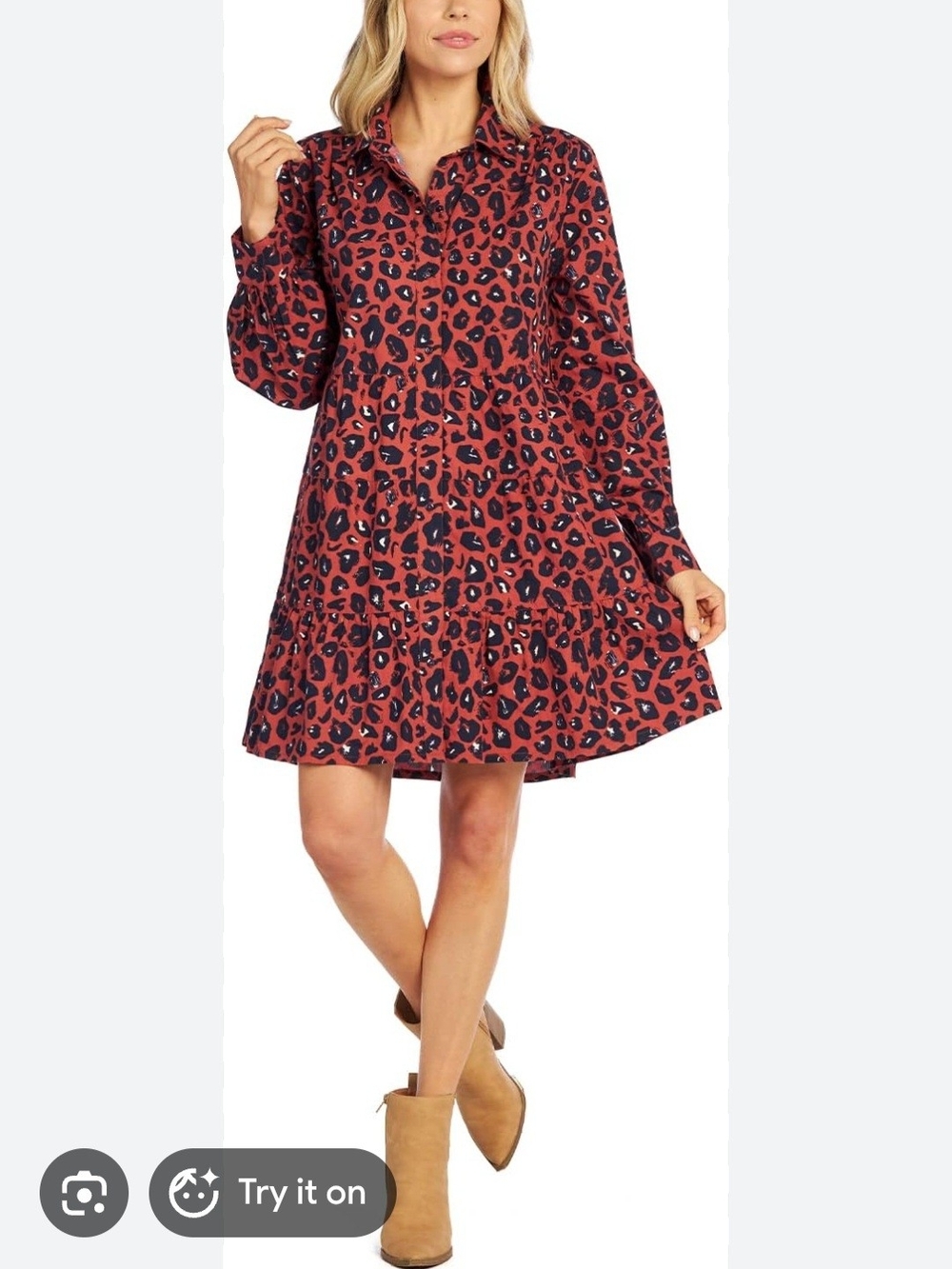 Mud Pie "Polly" Rust Red Leopard Print Long-Sleeve Tiered Dress. 100% Cotton. M